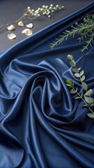 Dark blue silk satin. Soft folds. Fabric. Navy blue luxury background. Space for design.Wavy lines. Banner. Flat lay, top view table. Beautiful. Elegant. Birthday, Christmas, Valentine's Day.