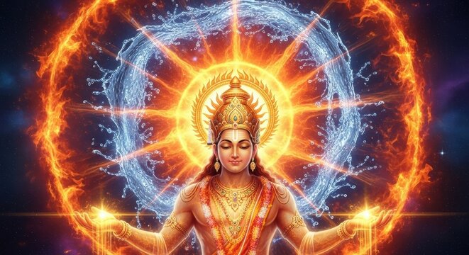 Hindu deity radiating cosmic energy with a dual-element aura of fire and water, symbolizing balance and power. - Powered by Adobe