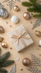 Commemorate New Year in elegance. Top-view perspective of carefully wrapped giftbox, chic tree ornaments, glittery balls, seasonal adornments on beige backdrop, awaiting your personal message or promo