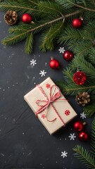 Christmas winter banner with gift, fir branches, red balls on black background. Xmas greeting card. Holiday time. Happy New Year. Space for text. View from above, flat lay.