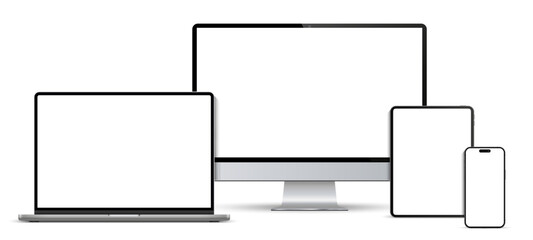 Naklejka premium Modern computer, laptop, tablet, smartphone mockup front view, notebook mockup and phone device mockup ui ux app, set technology devices with empty display, digital devices screen template isolated