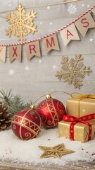 Vintage Christmas background with red and gold balls decorations, snowflakes, gift boxes. Retro Christmas card template, Xmas banner design.