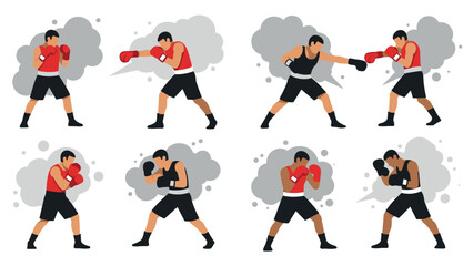 Illustrations of boxing fighters in various fighting stances and positions
