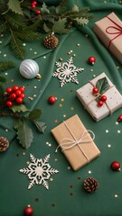 Time for New Year delights! Top view of gifts, baubles, snowflake, and other imaginative Christmas tree toys on green canvas. Mistletoe berries and confetti scattered, leaving space for your message