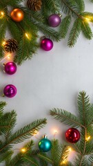 Christmas layout with christmas tree branches, christmas decorations in vibrant neon glow. copy space. top view. flat lay