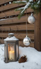 Christmas scene with lantern and hanging ornaments, wood background and snow, the burning candle and the brown planks create a cozy warm mood