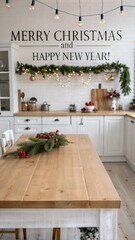 Empty wooden table on background of light christmas kitchen in scandinavian style. Christmas background. Ready for product montage.Merry Christmas and Happy New Year! Banner.Mockup.