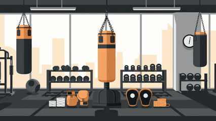 Modern gym interior with boxing equipment and weights for fitness training and workout inspiration