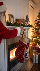 Santa Claus hand putting a present in a Christmas stocking hung on the fireplace on Christmas Eve