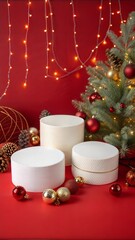 A set of three podiums in round and cylinder shaped arranged with some christmas ornaments on red surface. Merry Christmas and happy new year concept