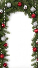 Wide arch shaped Christmas border isolated on white, composed of fresh fir branches and ornaments in red and silver