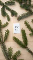 Creative layout made of Christmas tree branches with paper card note. Flat lay. Nature New Year concept.
