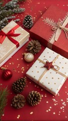 Let the gift-hunting commence: make holiday memories today. Top view shot of elegant gift boxes, holiday decor, cones, sparkles on red background with marketing space