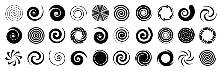 Spirals swirl set, variety of swirl and rotation patterns for creativity motion or hypnosis, spiral decorative shape in dynamic circular design