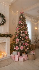 New year tree. Classic christmas New Year decorated room. Christmas tree with pink decorations. Christmas eve at home