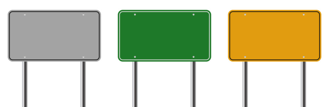 Blank road set, empty street signs, gray green yellow road board, street traffic signs isolated
