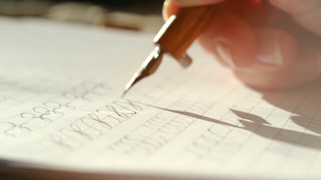 Close up view of a hand practicing calligraphy with a vintage fountain pen. Meticulously drawing elegant curves on lined paper with black ink. Illuminated by warm sunlight creating beautiful shadows