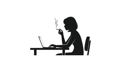Silhouette of a woman smoking while working on a laptop at a desk.