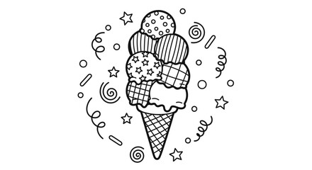 Colorful ice cream cone with various flavors and toppings surrounded by whimsical decorations