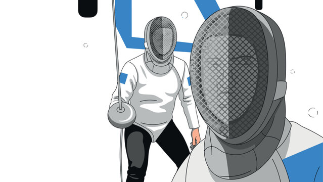 Dynamic fencing duel illustration for sports enthusiasts and athletic event promotion