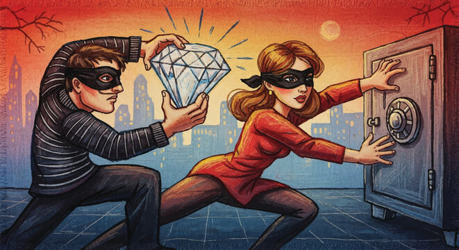 Robbery scene illustration two masked thieves, a diamond, and a safe against a city backdrop