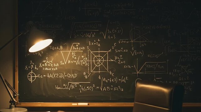 Cinematic Footage Chalkboard Equations Under Desk Lamp Lighting