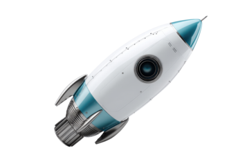 Retro white and blue rocket ship with silver fins and engine detail on black spaceship space