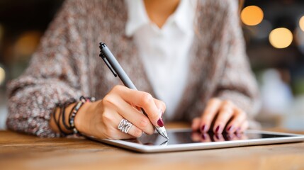 Cup of coffee next to tablet computer with blank white screen and wireless stylus pen for drawing and writing on the screen.