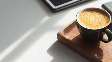 Overhead shot, Mobile phone white screen mockup, earbuds, eyeglasses, coffee cup, keyboard, pencil and copy space on grey background.