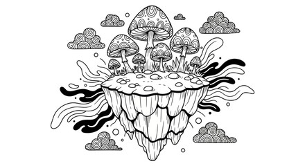 A whimsical illustration of mushrooms growing on a floating island surrounded by clouds