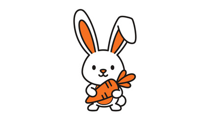 Cute cartoon rabbit holding a bright orange carrot in a simple white background