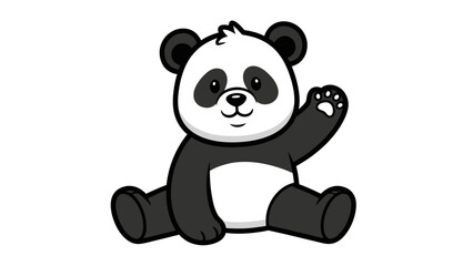 Cute cartoon panda waving cheerfully while sitting against a plain background
