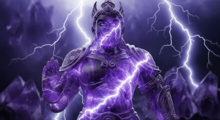 A powerful purple deity statue engulfed in vibrant lightning amidst dark, jagged mountains.