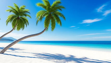 Tropical paradise beach with leaning palm trees and turquoise ocean