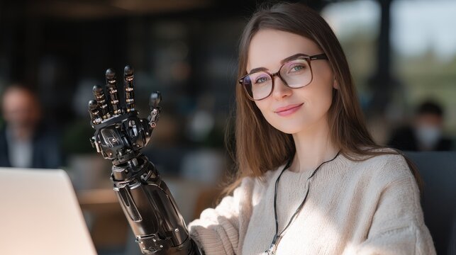 Studio shot of stylish youthful female in shirt and jeans standing with arms crossed, in closed position, having cyber bionic hand printed on 3d printer, looking at camera with calm positive face