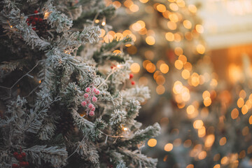 Frosted Christmas tree branch with pink berries and warm golden bokeh lights, winter holiday decoration, festive seasonal background for Christmas and New Year celebrations