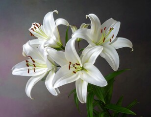 Close-up of a cluster of white lilies with green leaves against a soft, mottled grey-purple backdrop