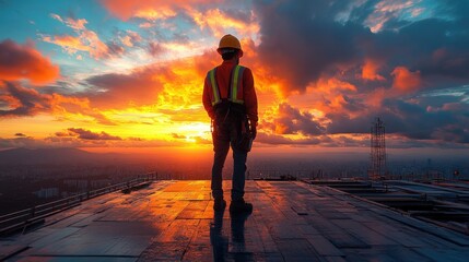 Obraz premium A lone worker observes a vibrant sunset over a sprawling cityscape. The scene evokes a sense of contemplation and urban beauty.
