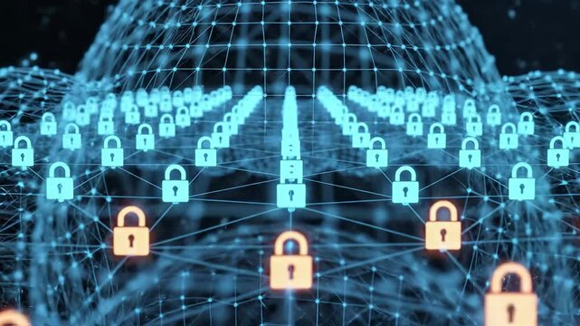 Digital network security infrastructure with encrypted padlock icons connected across grid architecture. Cybersecurity system concept for data protection, privacy and safe information technology.