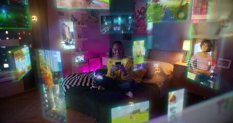 Woman Relaxes on Bed Using Smartphone. Social Media Content, Livestreams, Video Call Graphics Float, Visualizing Immersive Digital Communication, Influencer Culture, Augmented Reality Entertainment - Powered by Adobe