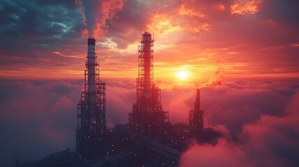 Obraz premium A dramatic silhouette of a futuristic industrial complex is set against a vibrant sunset sky, evoking themes of innovation, industry, and technological advancement.