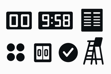 Minimalist sports icon set featuring stopwatch, scoreboard, checklist for modern design and branding