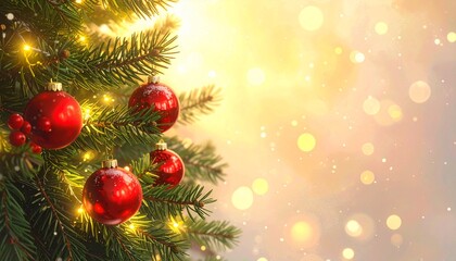 Luxurious Bokeh Christmas Background: Vibrant Red Baubles on Evergreen Fir Branches with Sparkling Light Effect, Elegant Winter Holiday Banner.