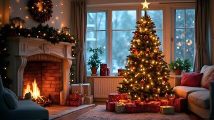 Cozy Christmas Living Room with Glowing Tree, Fireplace, and Wrapped Gifts