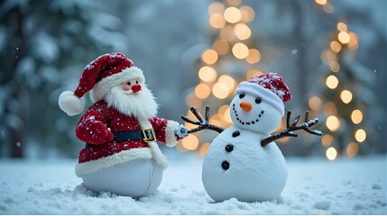 Christmas Friends: Santa Claus and Snowman in a magical snowy scene with sparkling festive lights.