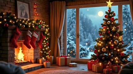 Cozy Christmas Eve in a festive living room with a glowing fireplace, decorated tree, and a snowy winter night view.