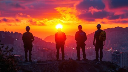 Silhouetted figures stand on a hilltop overlooking a cityscape at sunset. Warm colors dominate the scene, creating a serene and dramatic atmosphere.