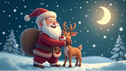 Santa Claus Hugging Rudolph the Red-Nosed Reindeer on a Magical Snowy Christmas Night