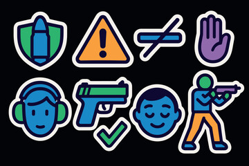 Vibrant safety icons set featuring symbols for protection, caution, and precautionary measures