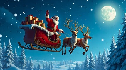 Magical Christmas Eve: Santa Claus and Reindeer Deliver Gifts Under a Full Moon in a Snowy Winter Wonderland